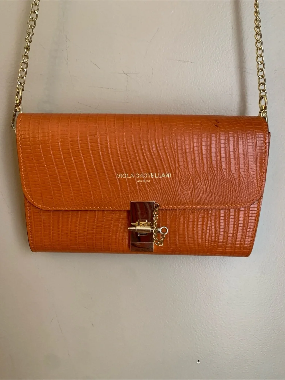 Viola Castellani Italy Leather Snakeskin Orange Crossbody Handbag Purse Bag